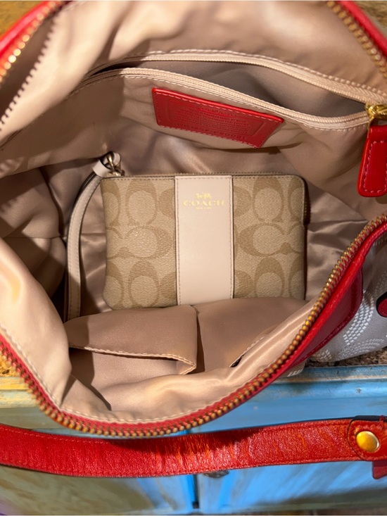 Coach Beige Signature Shoulder Bag with Red Trim and Wristlet